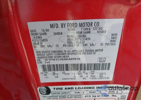 2010 Ford F-150 Fx2 Sport/Harley-Davidson/King Ranch/Lariat/Platinum/Xl/Xlt из США, поврежденный, VIN 1FTFW1CV6AKA97619